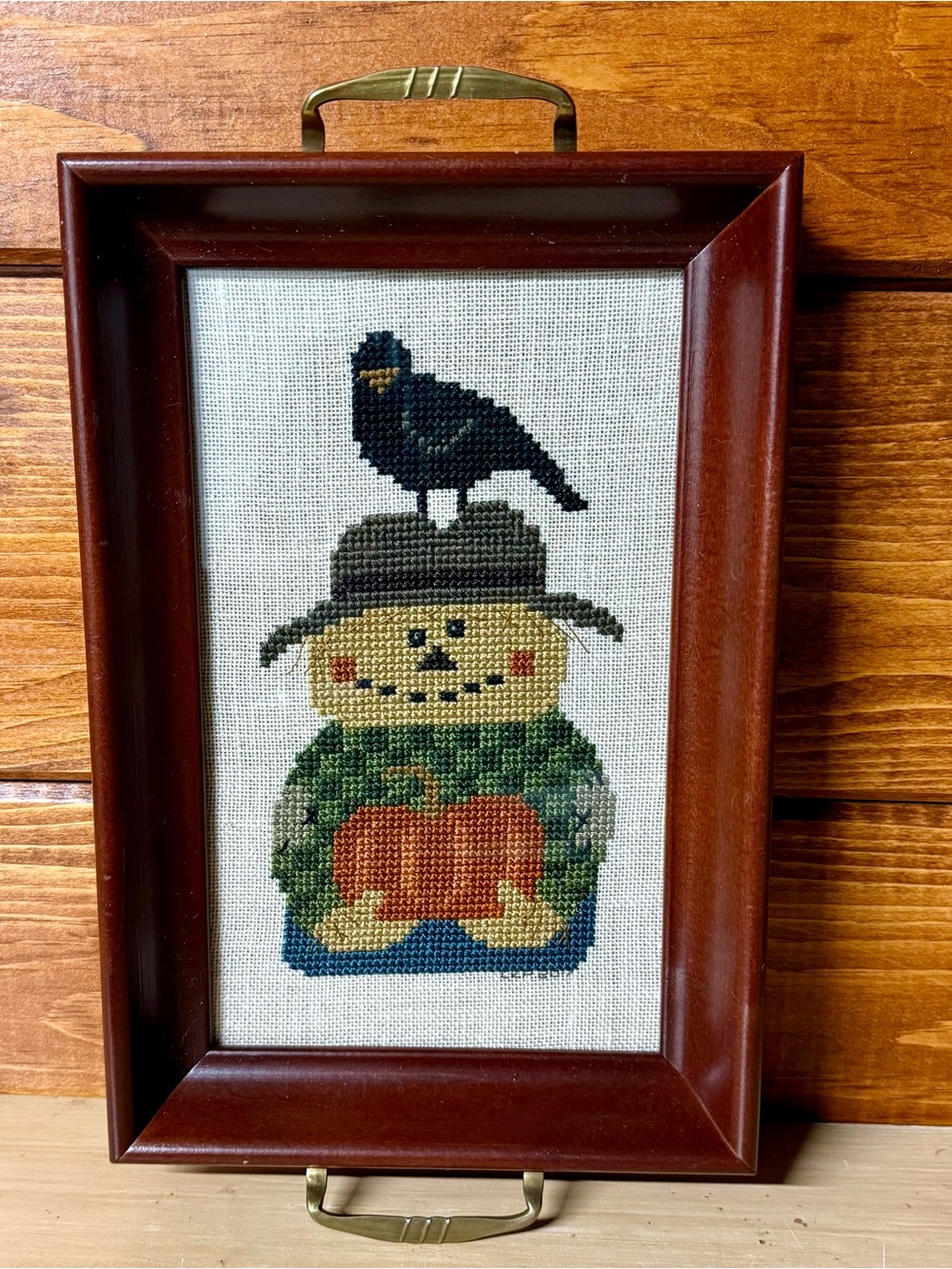 Scared Crow? Needlepoint Under Glass Decorative Tray w/ Handles